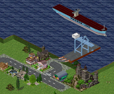 Emma Maersk u nějaké vesnice